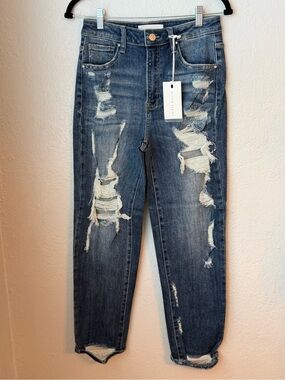 131~ NWT RISEN Los Angeles Dark Blue Distressed Women's Jeans Size 28